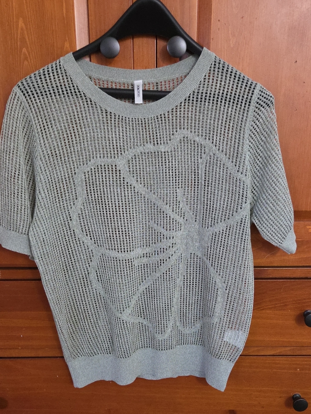 Light Sage Open-Knit Floral Motif Short-Sleeve Sweater